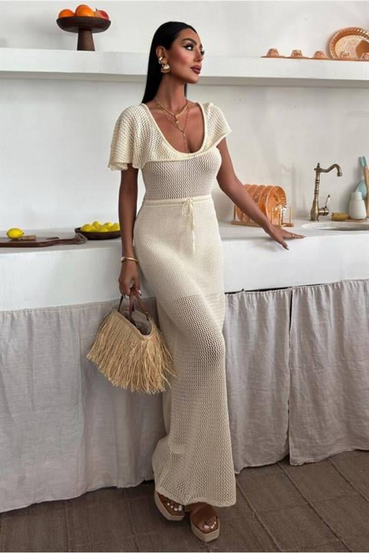 Knitwear Dress With Deep Neckline And Mesh Detail - Sobe Istanbul - Globality Store - Women Clothes Wholesale Turkey