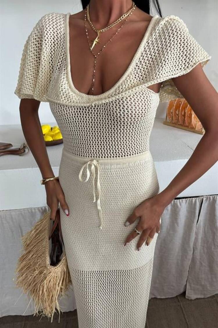Knitwear Dress With Deep Neckline And Mesh Detail