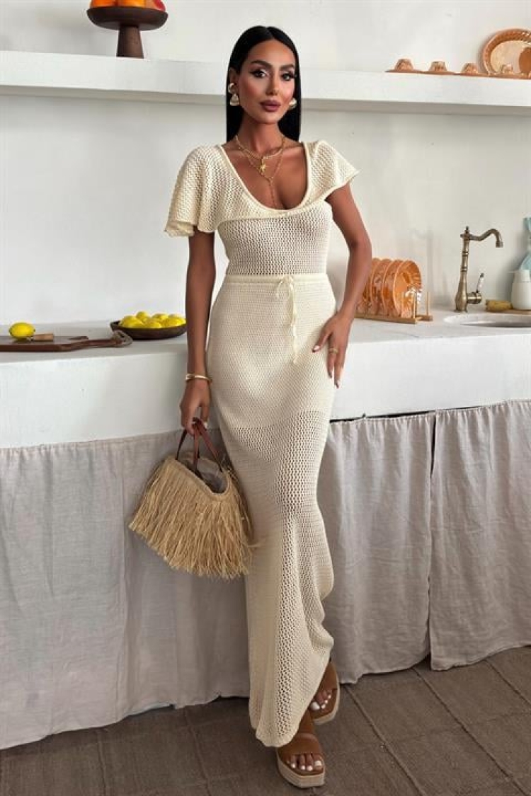 Knitwear Dress With Deep Neckline And Mesh Detail