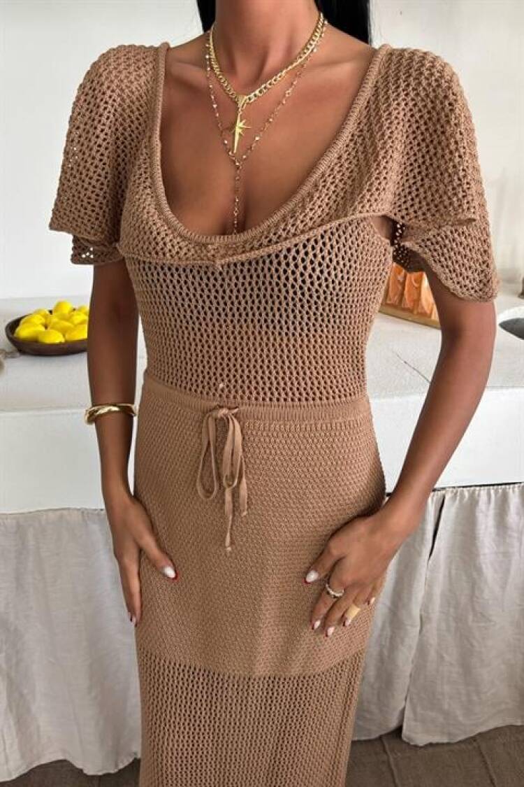 Knitwear Dress With Deep Neckline And Mesh Detail