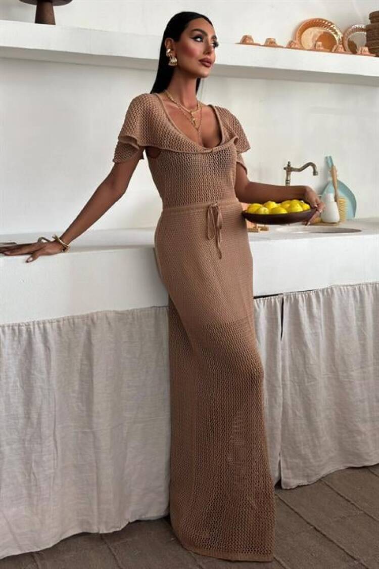 Knitwear Dress With Deep Neckline And Mesh Detail - Sobe Istanbul - Globality Store - Women Clothes Wholesale Turkey