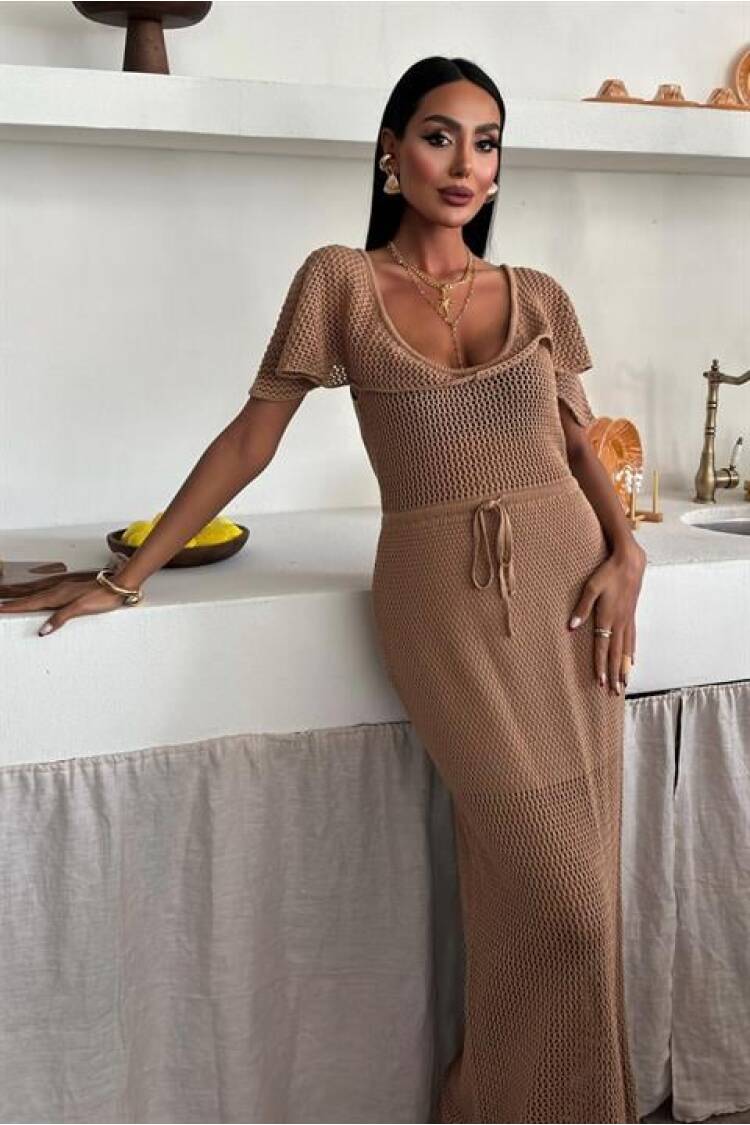Knitwear Dress With Deep Neckline And Mesh Detail