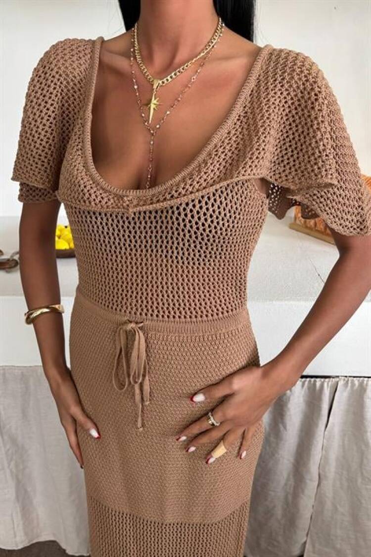 Knitwear Dress With Deep Neckline And Mesh Detail