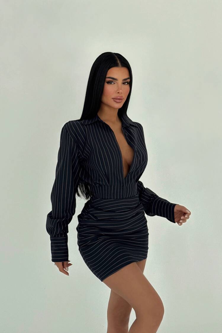 Striped Shirt Collar Mini Dress