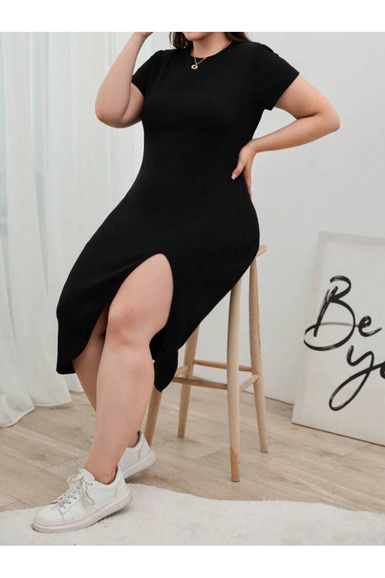 Women's Plus Size Short Sleeve Side Slit Crew Neck Viscose Dress - Black