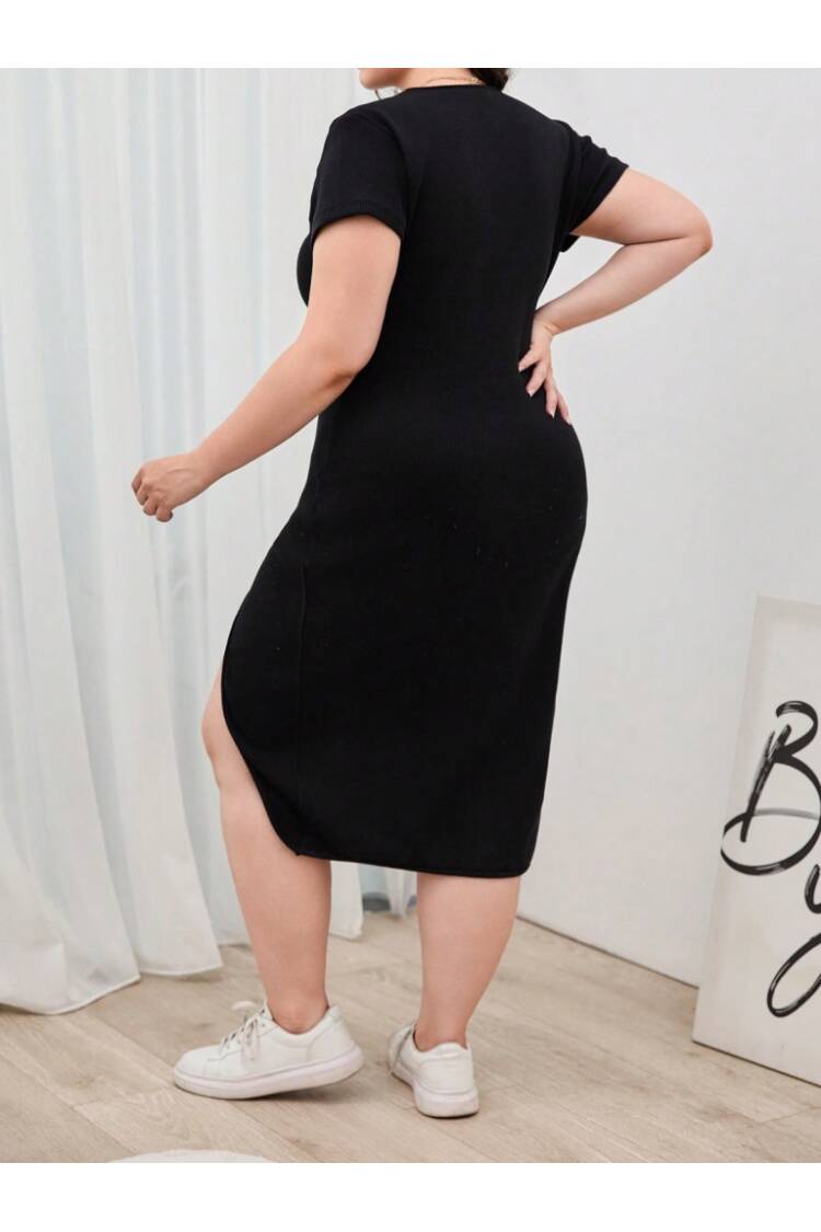 Women's Plus Size Short Sleeve Side Slit Crew Neck Viscose Dress - Black