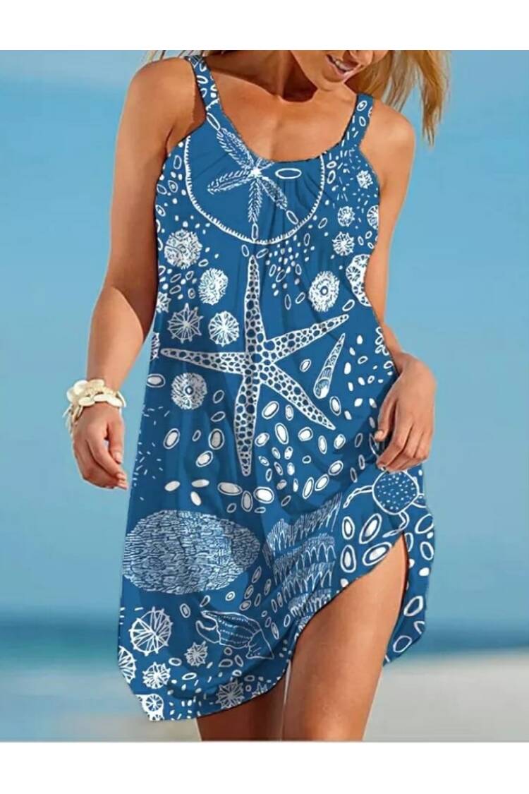 Women's Strappy Starfish Print Suprem Dress - Blue - Janes - Globality Store - Women Clothes Wholesale Turkey
