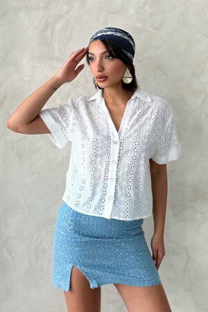 Embroidered Shirt - Cream - Topshow - Globality Store - Women Clothes Wholesale Turkey