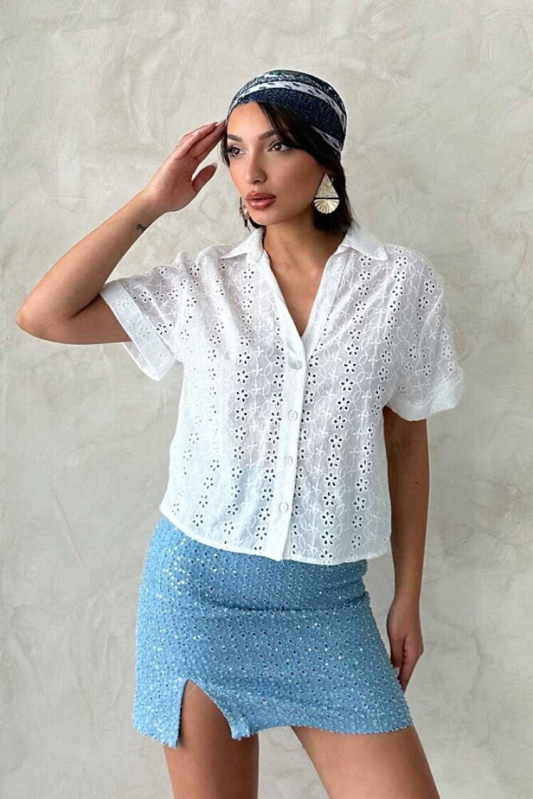 Embroidered Shirt - Cream - Topshow - Globality Store - Women Clothes Wholesale Turkey