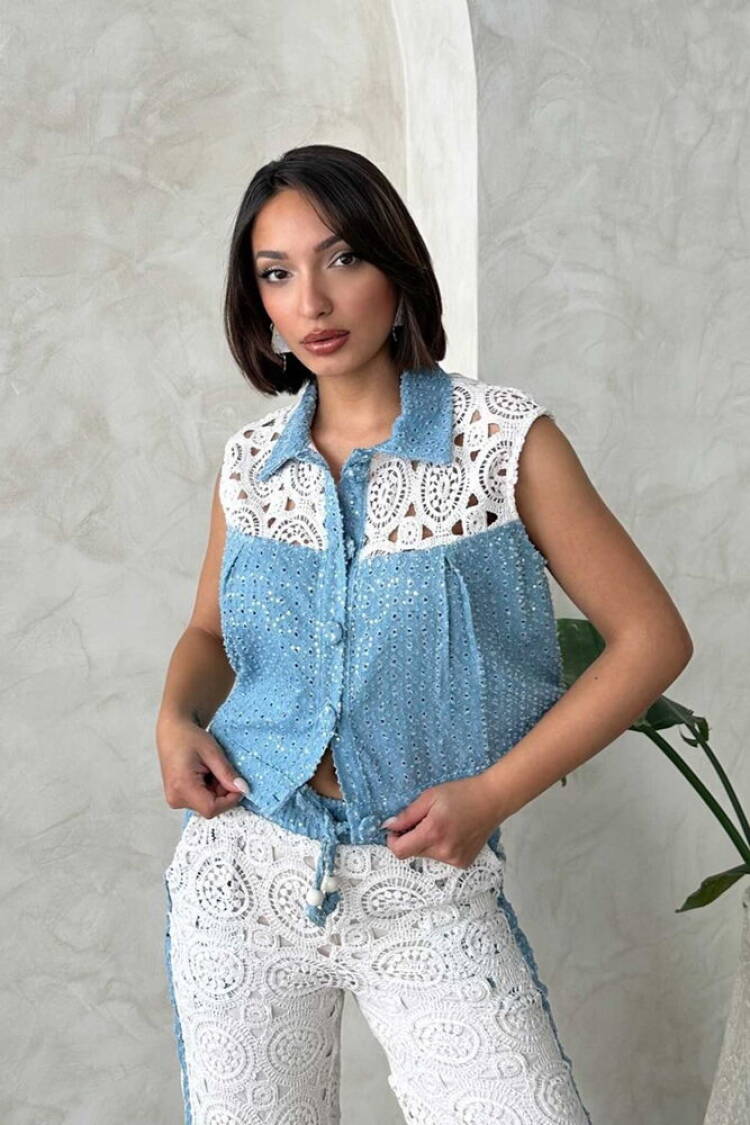 Lace Detailed Sequin Denim Jacket - Topshow - Globality Store - Women Clothes Wholesale Turkey