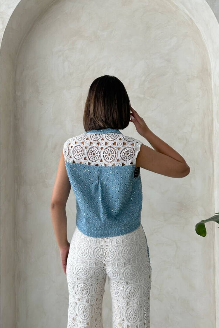 Lace Detailed Sequin Denim Jacket