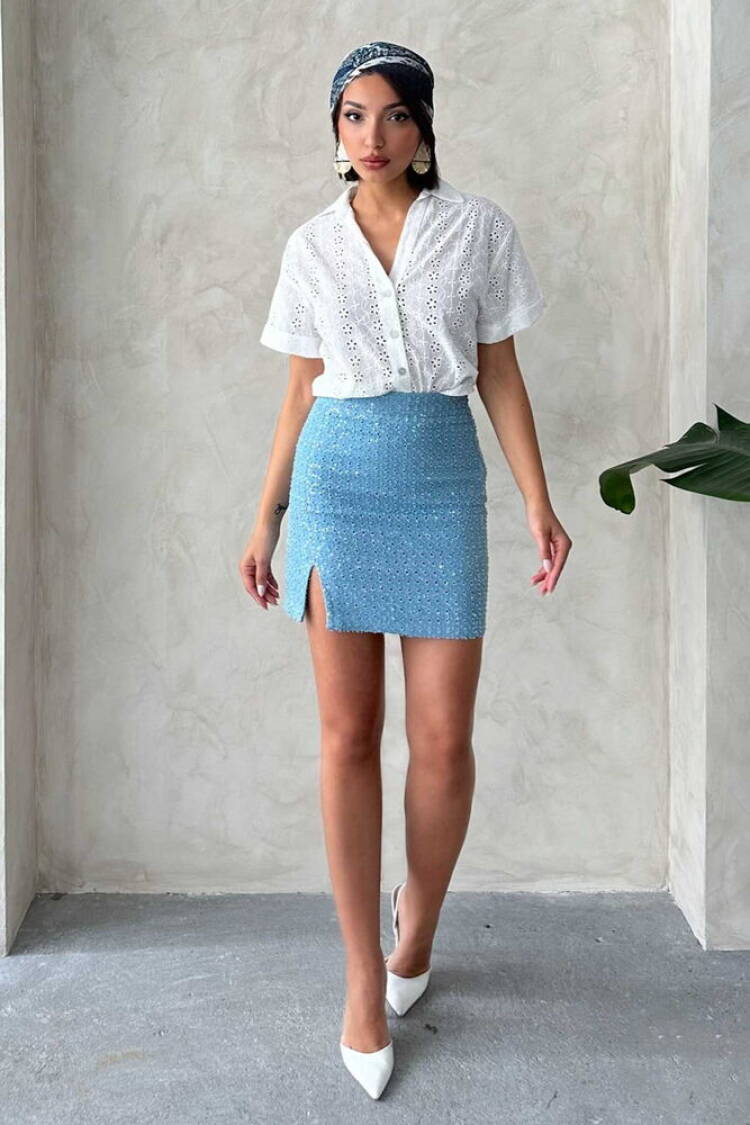 Sequin Denim Skirt - Topshow - Globality Store - Women Clothes Wholesale Turkey
