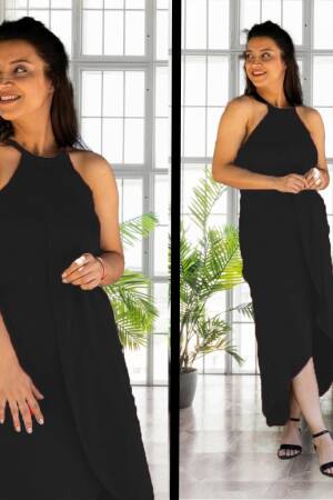 Women's Asymmetric Cut Detailed Viscose Dress With Open Shoulders - Janes - Globality Store - Women Clothes Wholesale Turkey