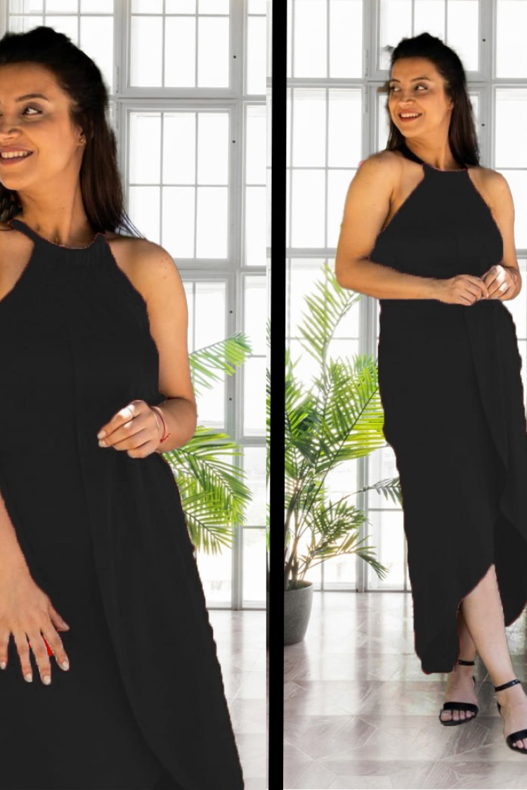 Women's Asymmetric Cut Detailed Viscose Dress With Open Shoulders