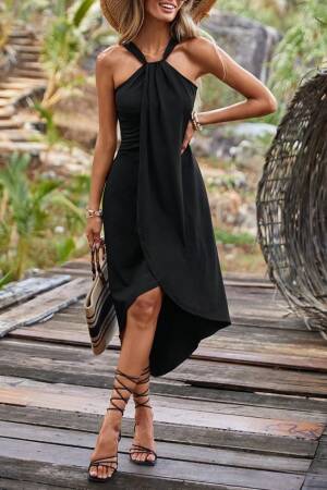 Women's Asymmetric Cut Detailed Viscose Dress With Open Shoulders - Janes - Globality Store - Women Clothes Wholesale Turkey