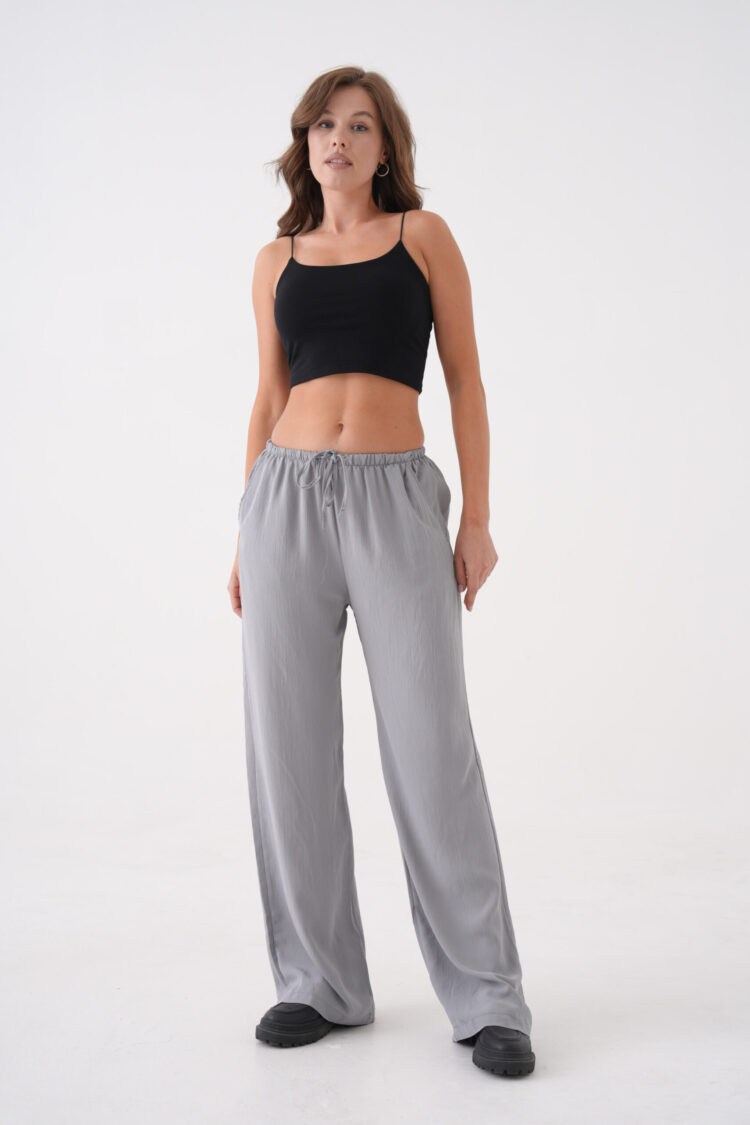Gray Loose Fit Modal Pants With Elastic Waist And Tie 29092