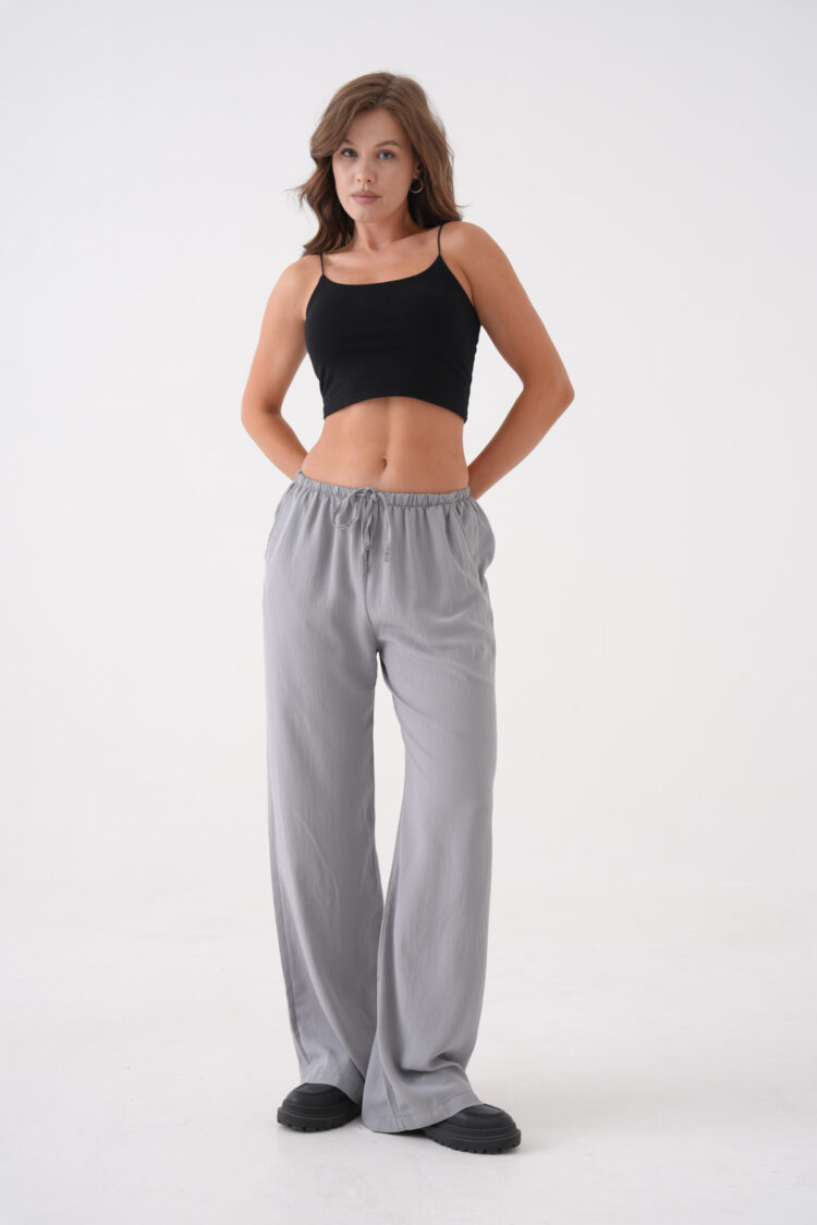Gray Loose Fit Modal Pants With Elastic Waist And Tie 29092