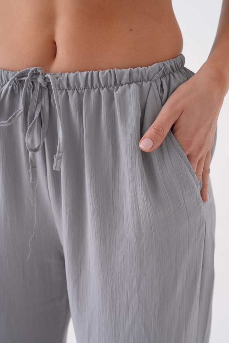 Gray Loose Fit Modal Pants With Elastic Waist And Tie 29092