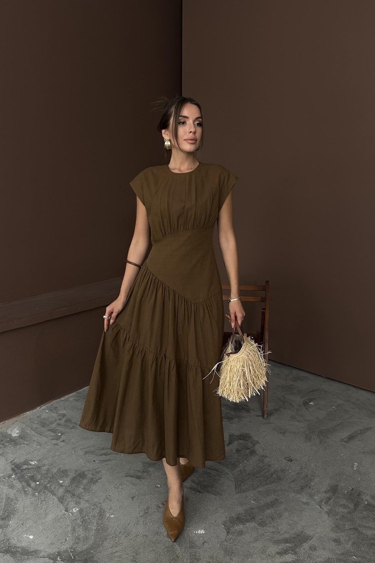 WholesaleRuffle Detailed Linen Dress - Elisa - Globality Store - Women Clothes Wholesale Turkey
