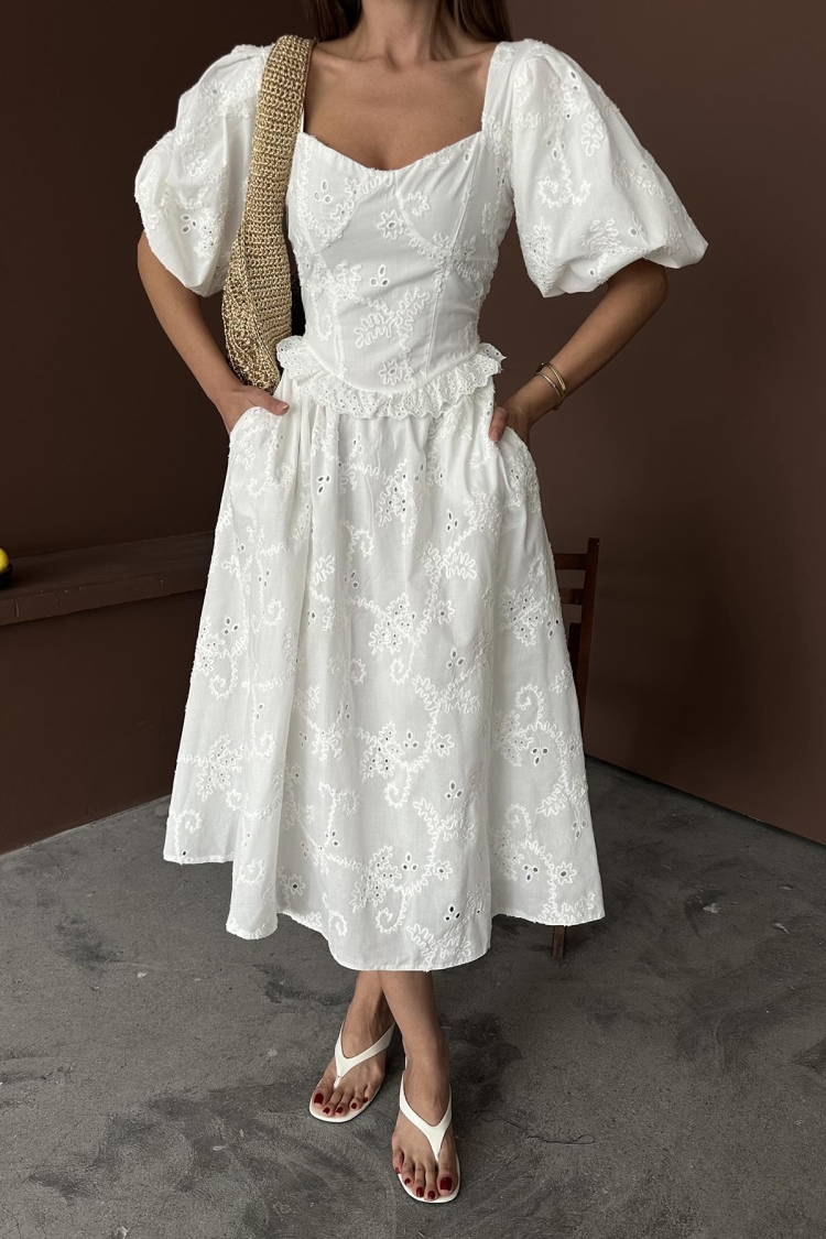 WholesaleBalloon Sleeve Lace Embroidery Dress