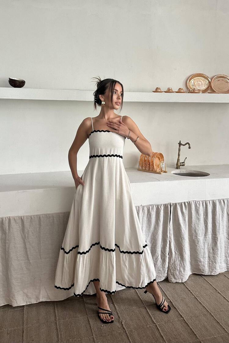 WholesaleStripe Detail Linen Dress - Elisa - Globality Store - Women Clothes Wholesale Turkey