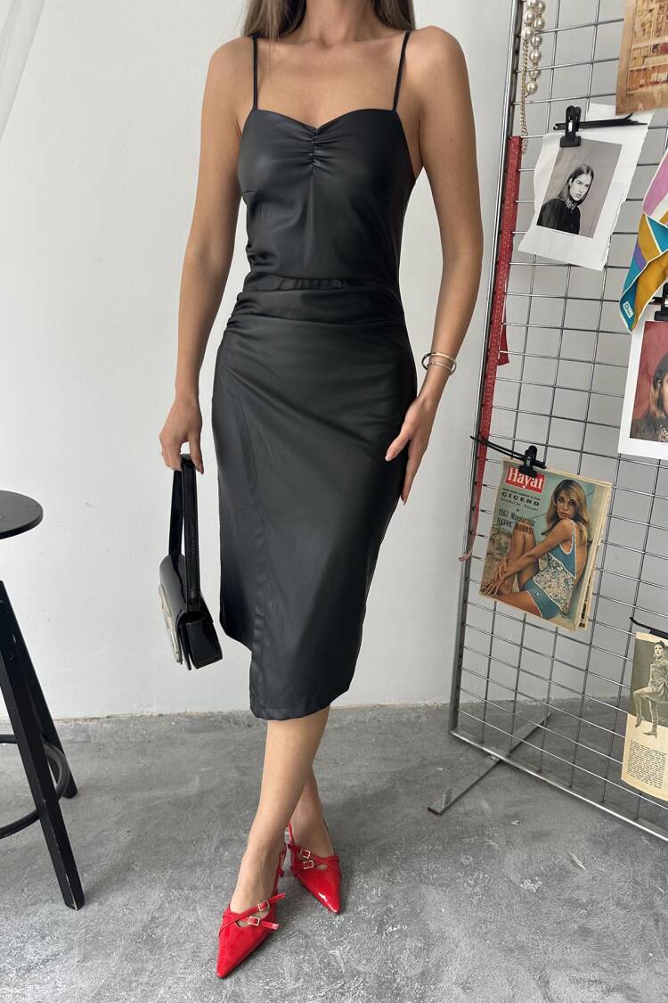 Wholesale Black Pleated Short Leather Dress