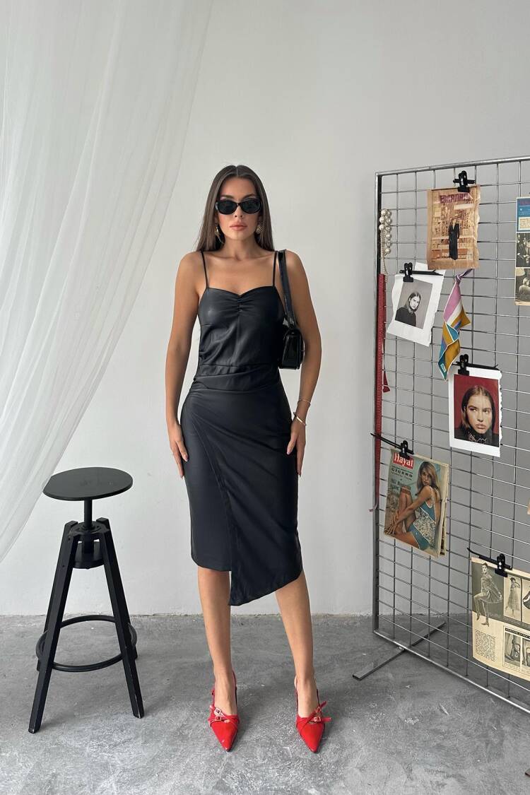 Wholesale Black Pleated Short Leather Dress