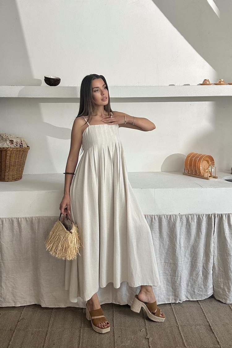 Wholesale Beige Strappy Pleated Linen Dress - Elisa - Globality Store - Women Clothes Wholesale Turkey