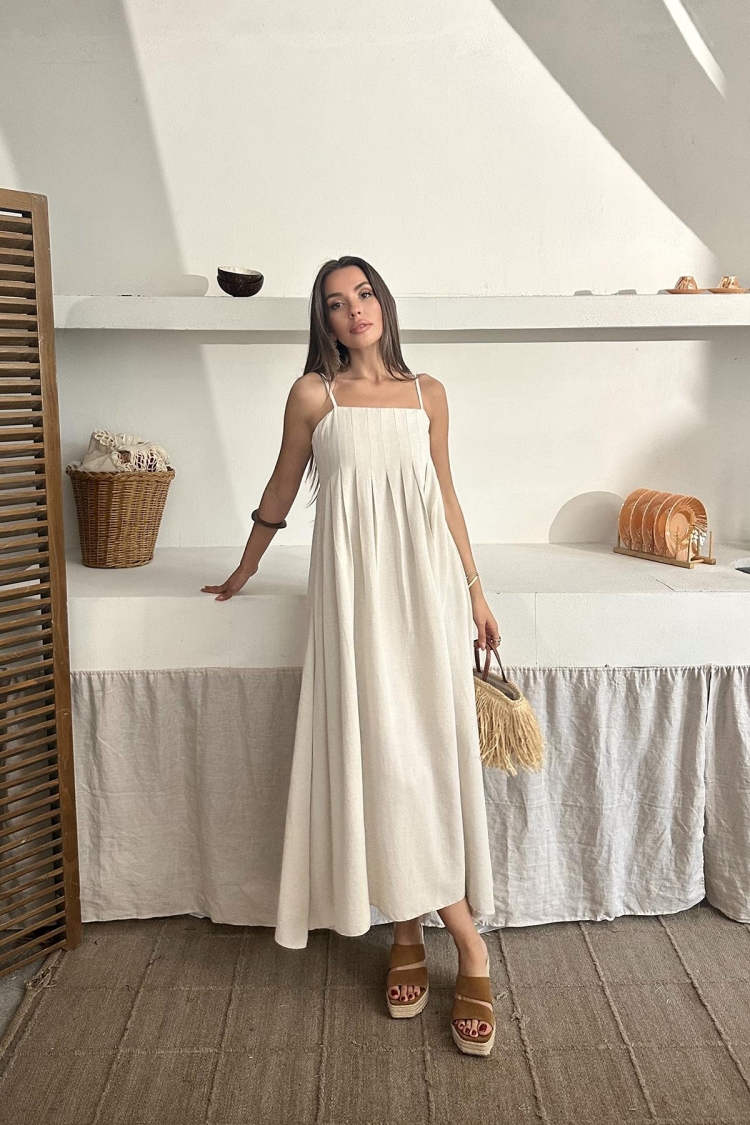 Wholesale Beige Strappy Pleated Linen Dress