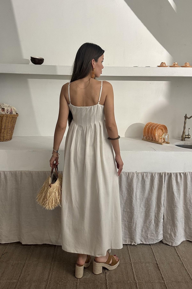 Wholesale Beige Strappy Pleated Linen Dress