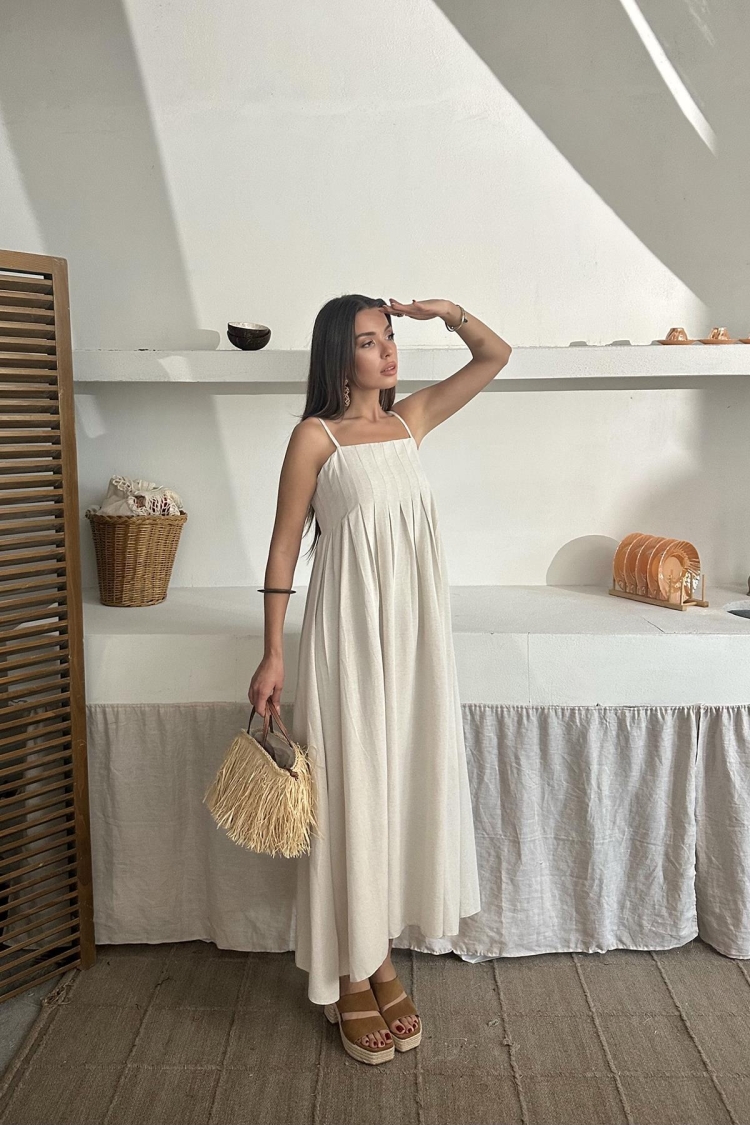 Wholesale Beige Strappy Pleated Linen Dress