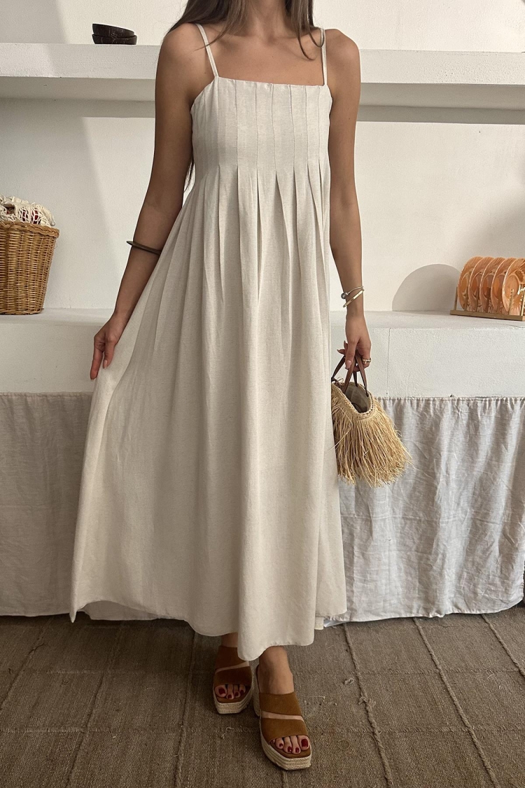 Wholesale Beige Strappy Pleated Linen Dress