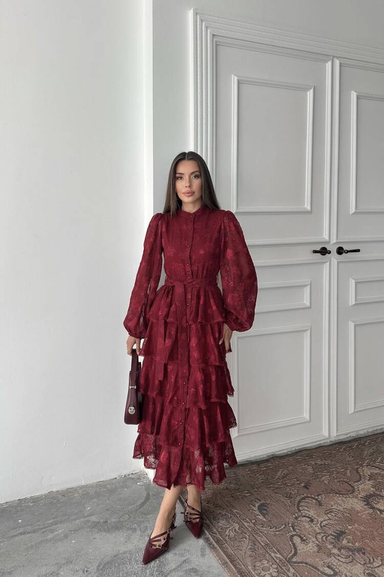 Wholesale Burgundy Walloon Striped Floor Coat Dress - Brand: Elisa - Women's Clothing Wholesale - Globality Store