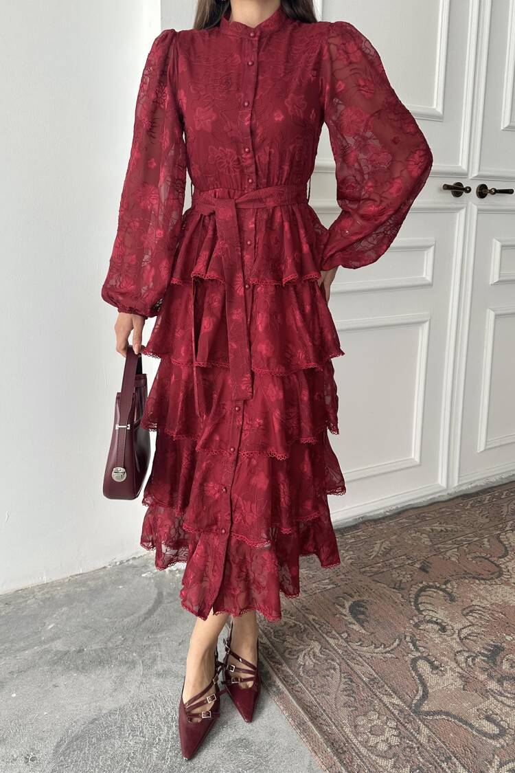 Wholesale Burgundy Walloon Striped Floor Coat Dress