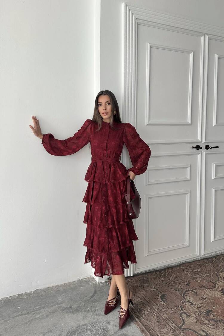 Wholesale Burgundy Walloon Striped Floor Coat Dress