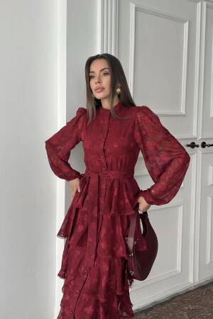 Wholesale Burgundy Walloon Striped Floor Coat Dress - Brand: Elisa - Women's Clothing Wholesale - Globality Store