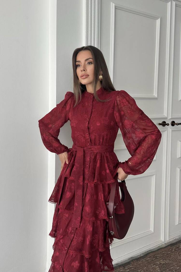 Wholesale Burgundy Walloon Striped Floor Coat Dress