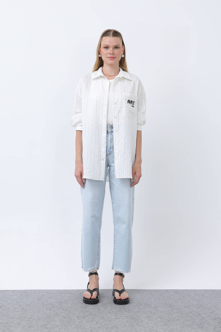Women's Striped Pocket Embroidered Shirt