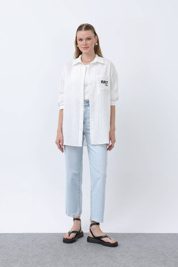 Women's Striped Pocket Embroidered Shirt - SOUL - Globality Store - Women Clothes Wholesale Turkey