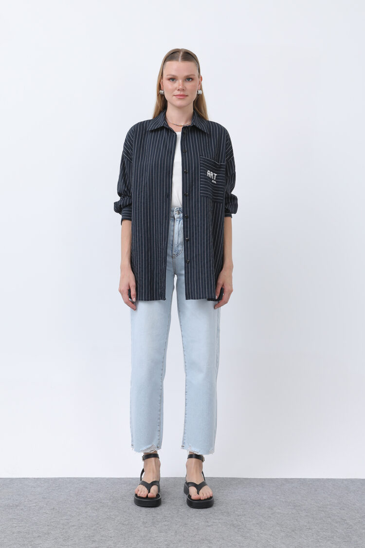 Women's Striped Pocket Embroidered Shirt