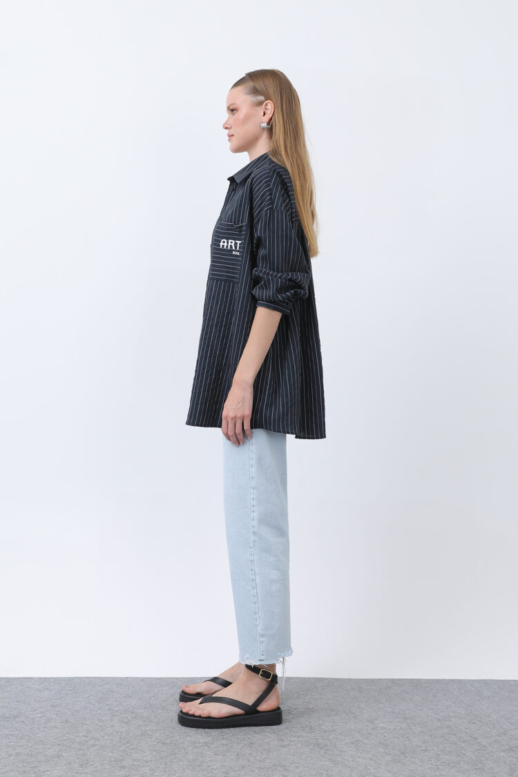 Women's Striped Pocket Embroidered Shirt
