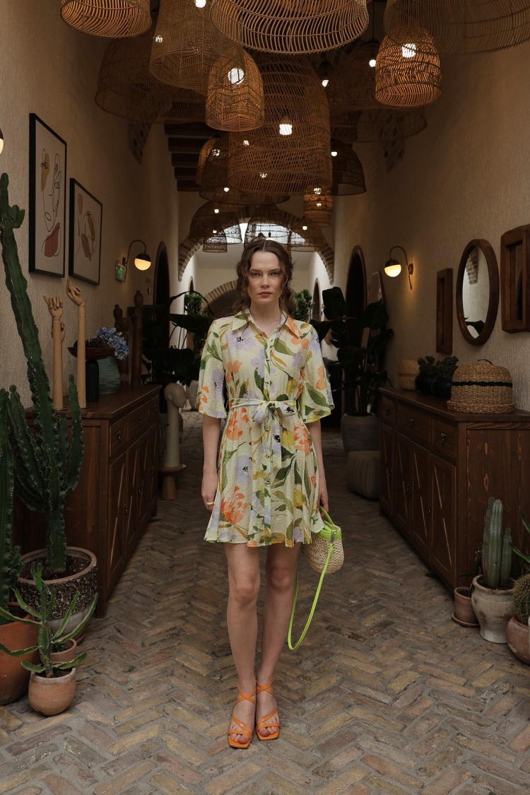 Patterned Half Sleeve Dress - Green