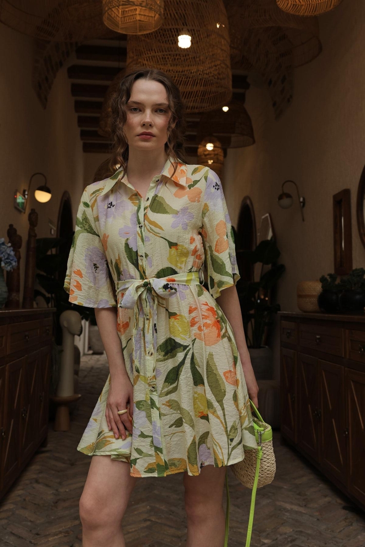 Patterned Half Sleeve Dress - Green