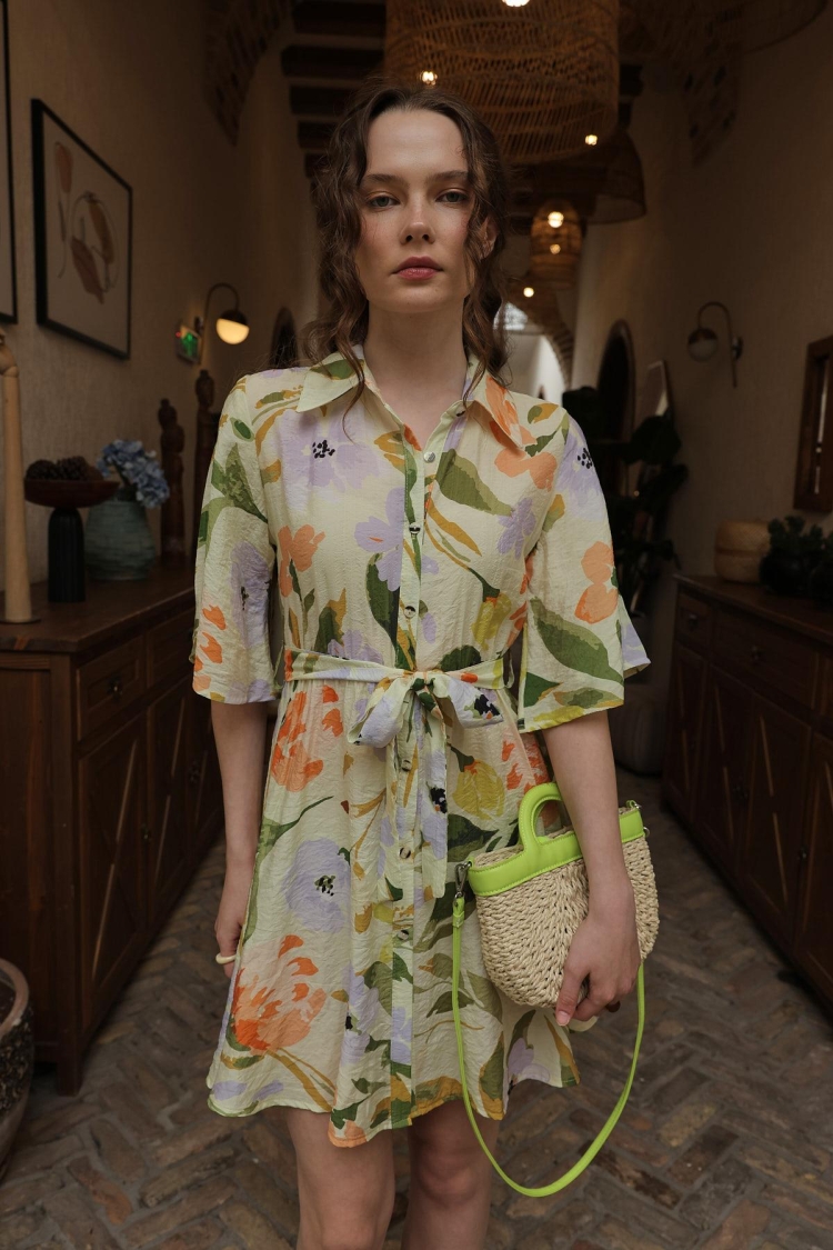 Patterned Half Sleeve Dress - Green