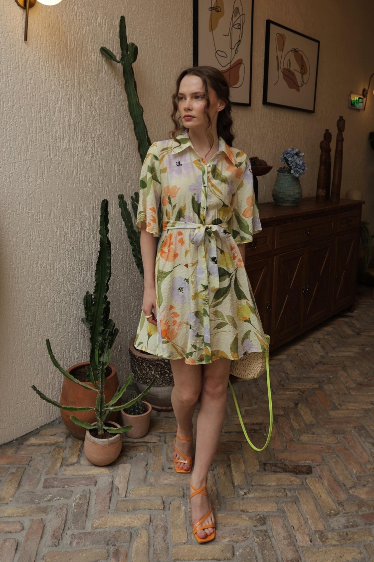 Patterned Half Sleeve Dress - Green
