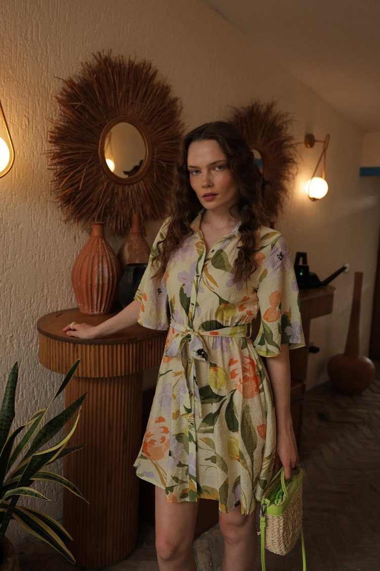 Patterned Half Sleeve Dress - Green