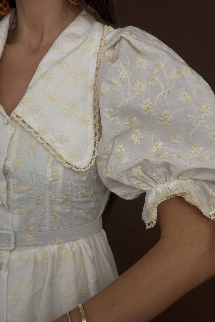 Wholesale Beige Baby Collar Balloon Sleeve Embroidered Dress