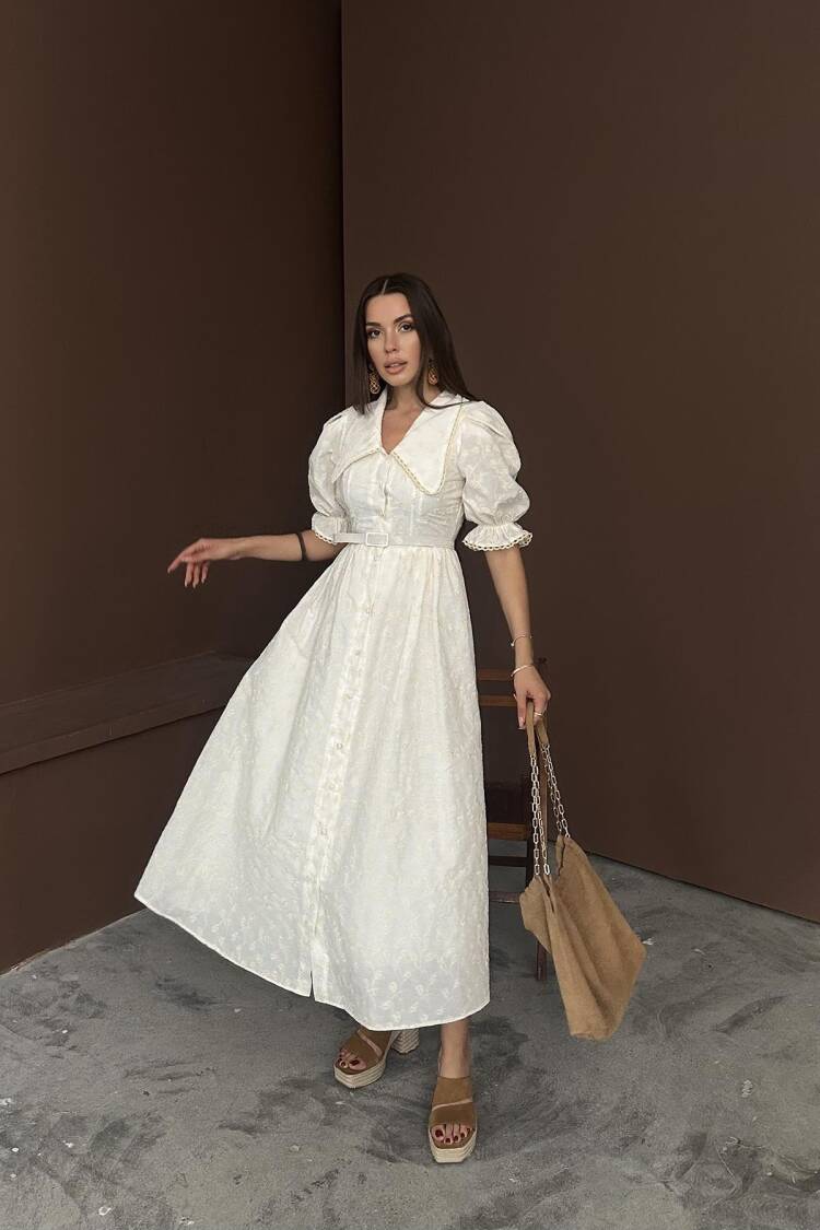 Wholesale Beige Baby Collar Balloon Sleeve Embroidered Dress - Brand: Elisa - Women's Clothing Wholesale - Globality Store