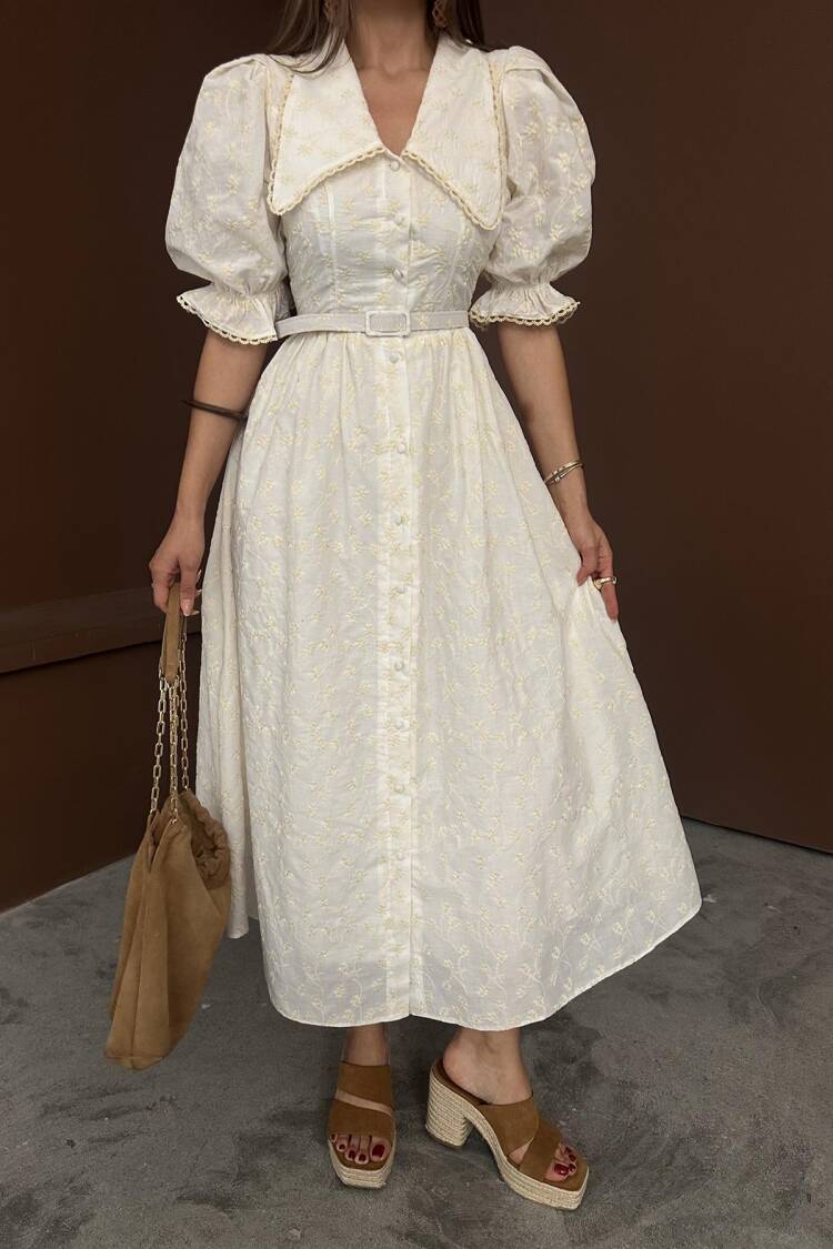 Wholesale Beige Baby Collar Balloon Sleeve Embroidered Dress
