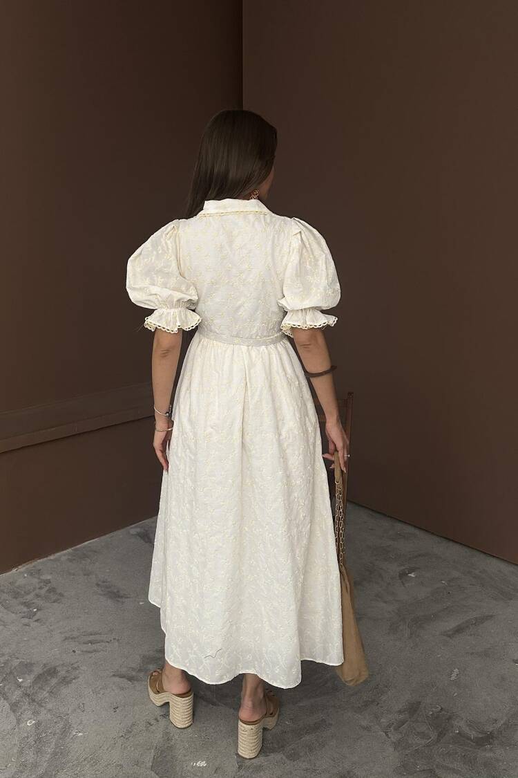 Wholesale Beige Baby Collar Balloon Sleeve Embroidered Dress